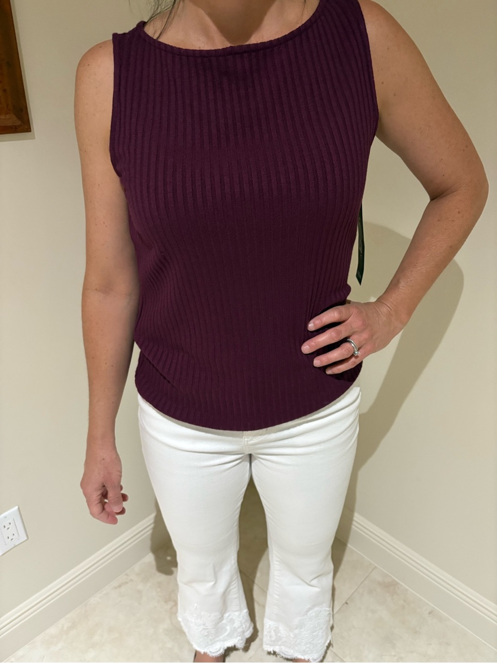 Liverpool L.A.: sleeveless high boatneck knit top 
color: wine cherry